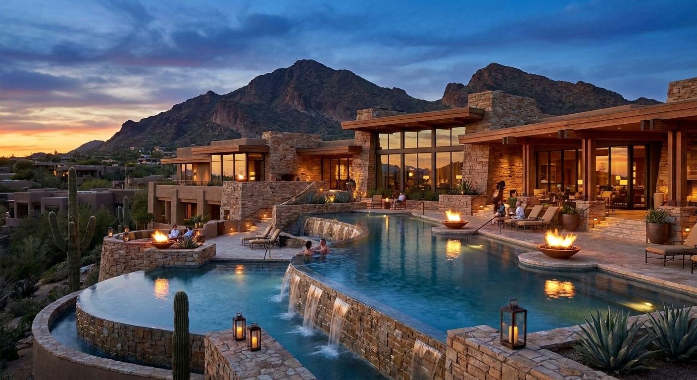 Ritz-Carlton Paradise Valley resort with Frank Lloyd Wright inspired organic architecture, infinity pool overlooking Camelback Mountain at dusk