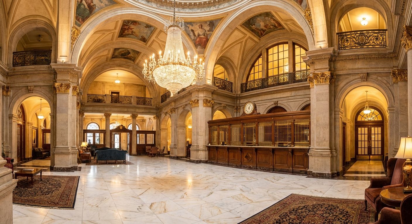 Langham Boston opulent grand lobby with soaring vaulted ceilings, crystal chandelier and marble floors