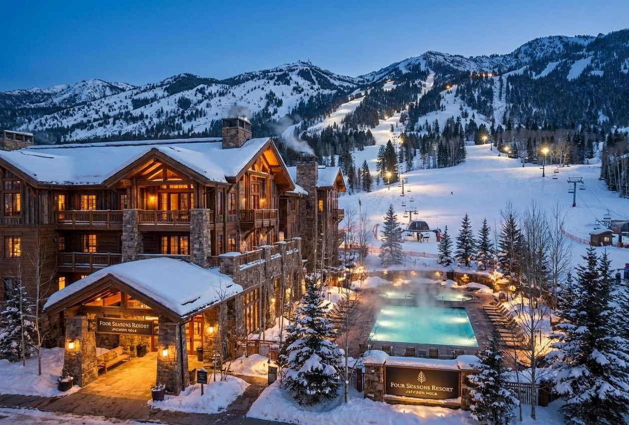 Four Seasons Resort Jackson Hole exterior in winter with Teton mountain backdrop