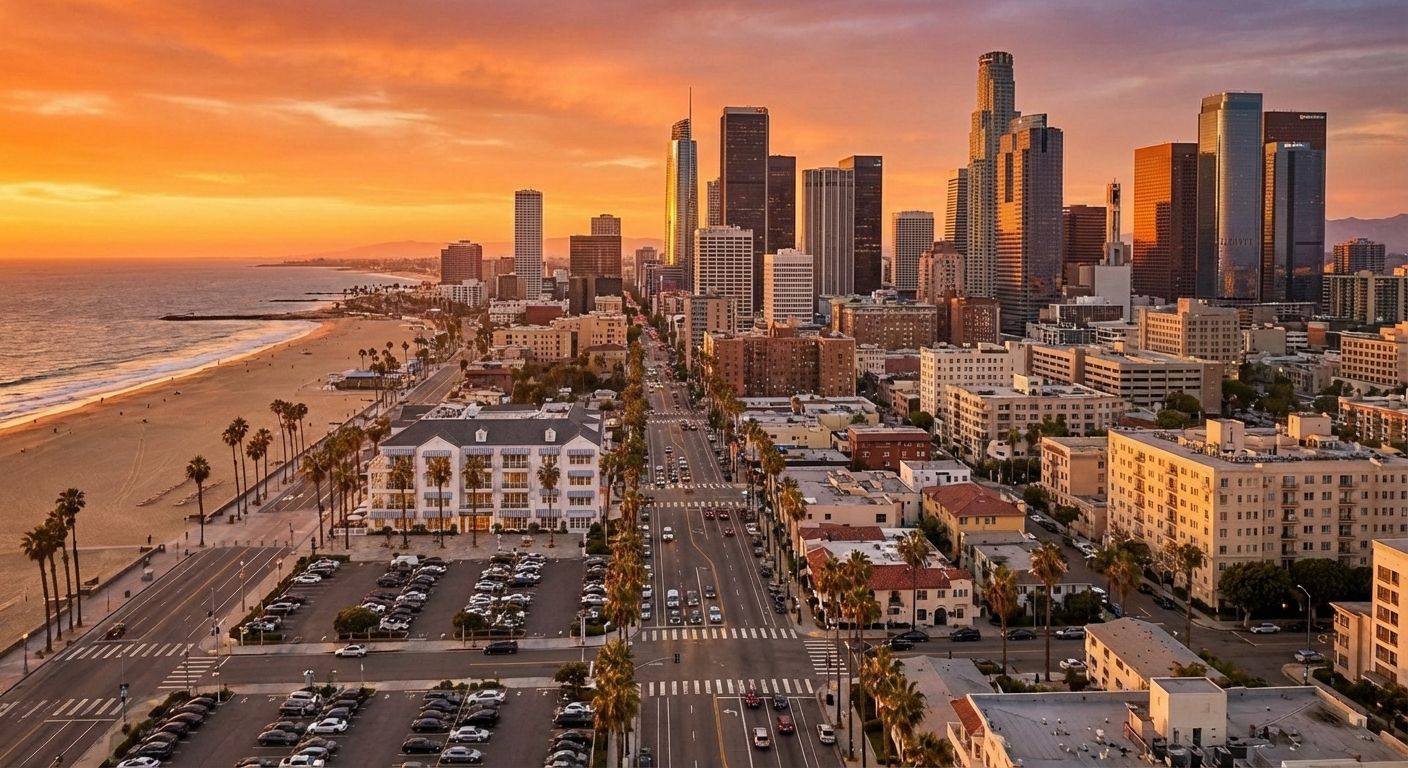 Los Angeles golden hour aerial view