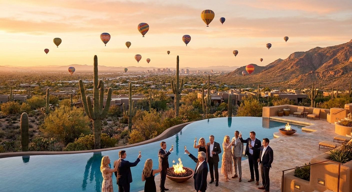 Hot air balloons floating over the Sonoran Desert at dawn with the Phoenix skyline in the distance