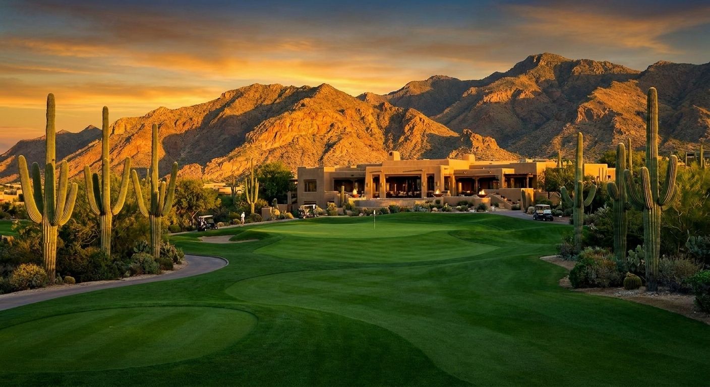 Championship desert golf course in Scottsdale with saguaro cactus and McDowell Mountains at golden hour