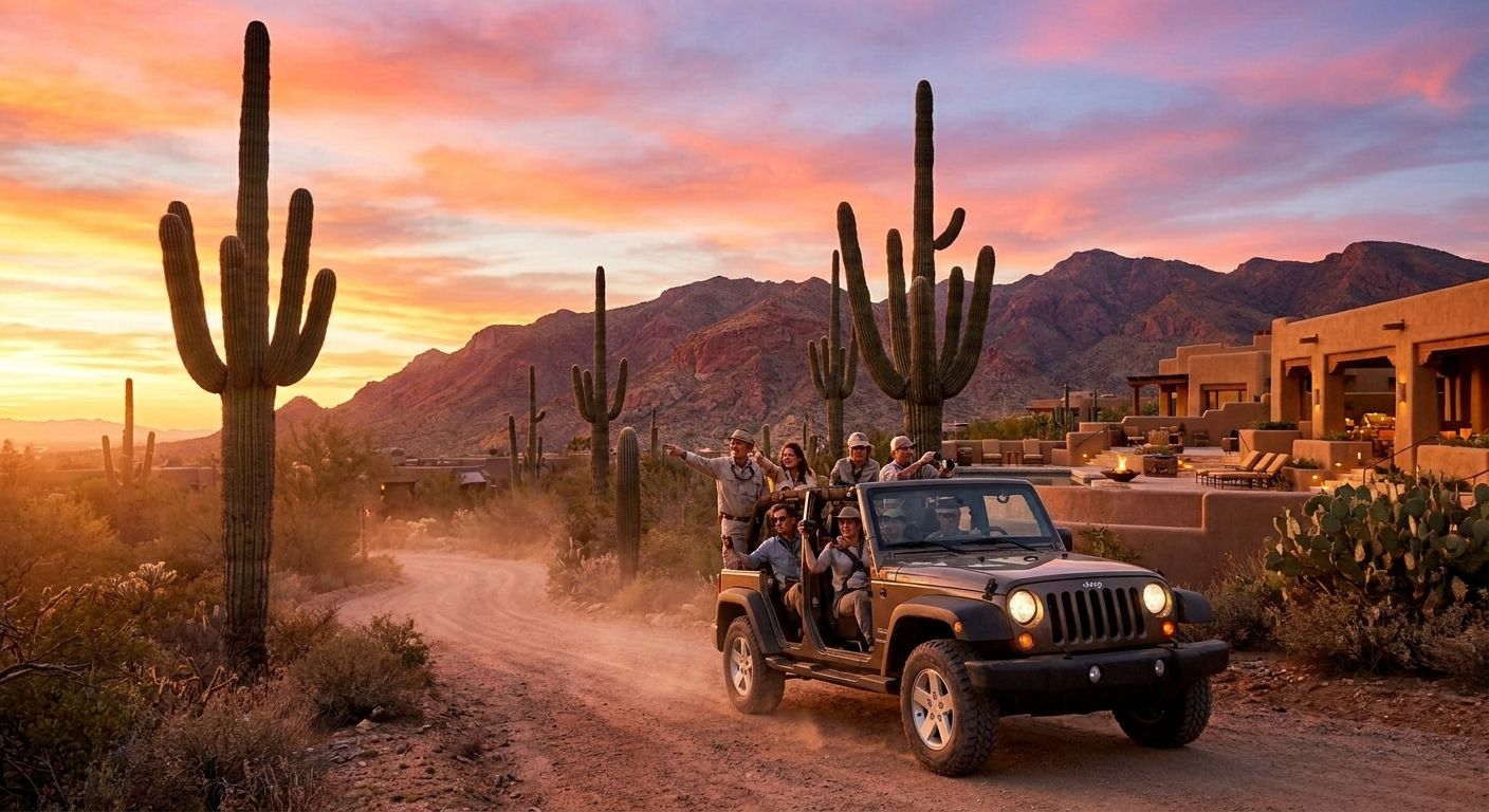 Open-air jeep driving through Sonoran Desert at sunrise with saguaro cactus silhouetted against orange sky