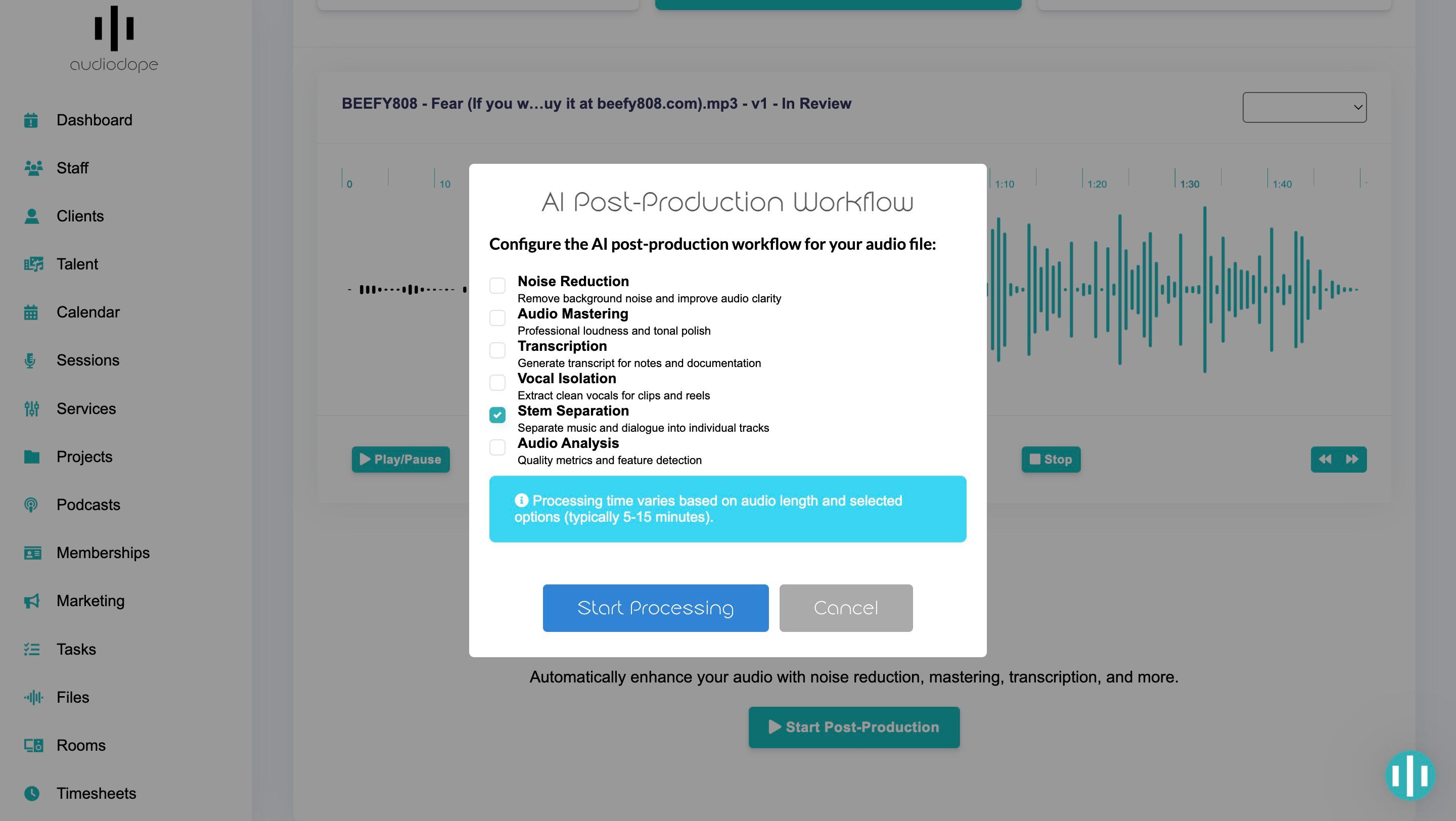 Audio Intelligence post-production workflow interface
