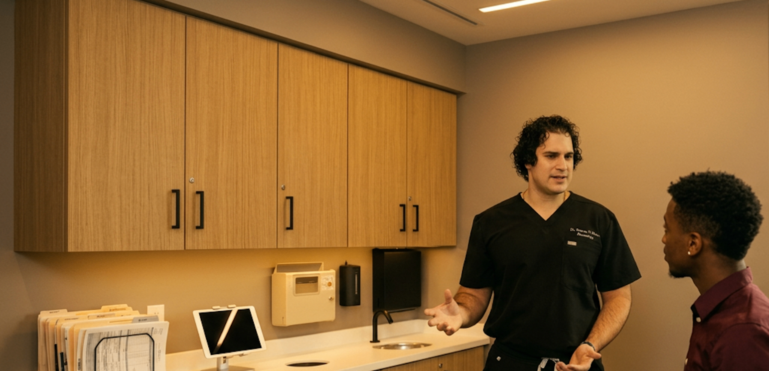 Dermatologist speaking with a patient in a clinic room