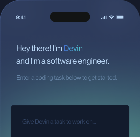 A mobile app onboarding screen introducing Devin