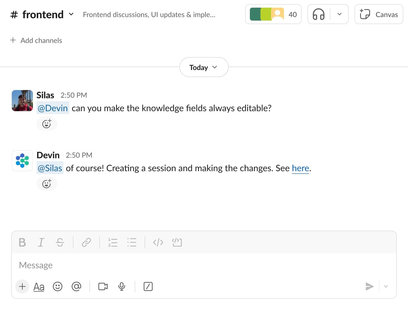 Slack chat interface showing a frontend channel with users discussing editable knowledge fields