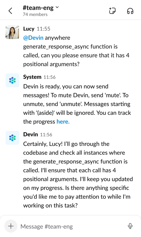Team messaging chat thread featuring a developer discussion about function signatures