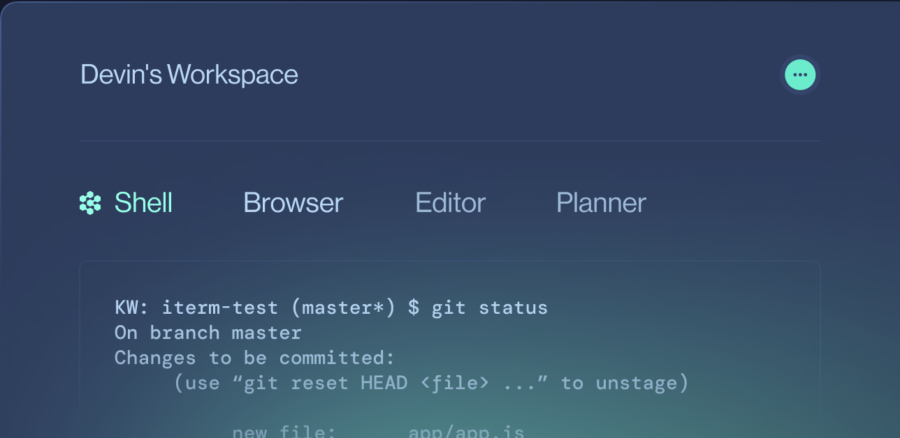 Devin's Workspace with Shell tab and futuristic terminal interface