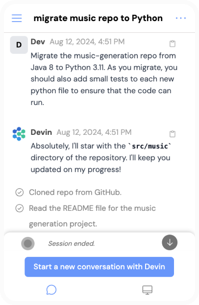 A mobile chat-style interface showing a collaboration thread about migrating a music-generation repository to Python, with messages from Dev and Devin