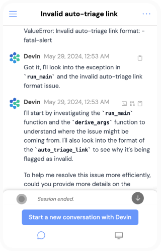 A mobile chat screenshot showing a debugging thread about an invalid auto-triage link, with chat bubbles and developer notes