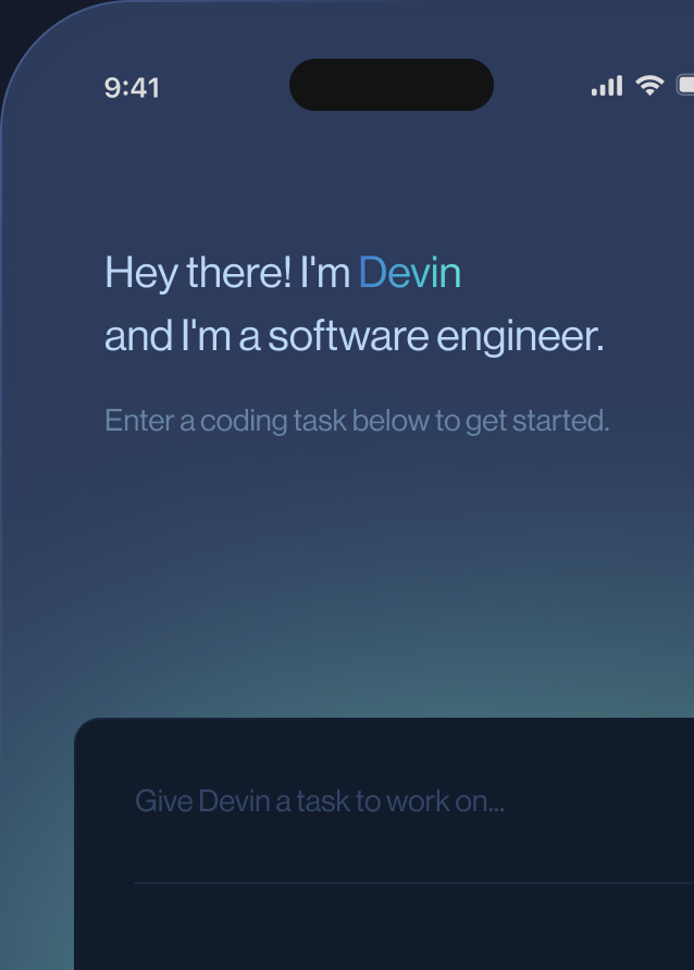 Mobile app onboarding screen with Devin introduction