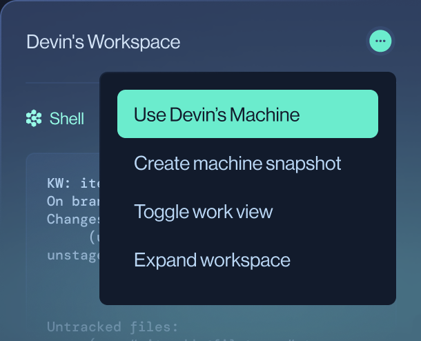 Devin's Workspace with teal-highlighted menu option