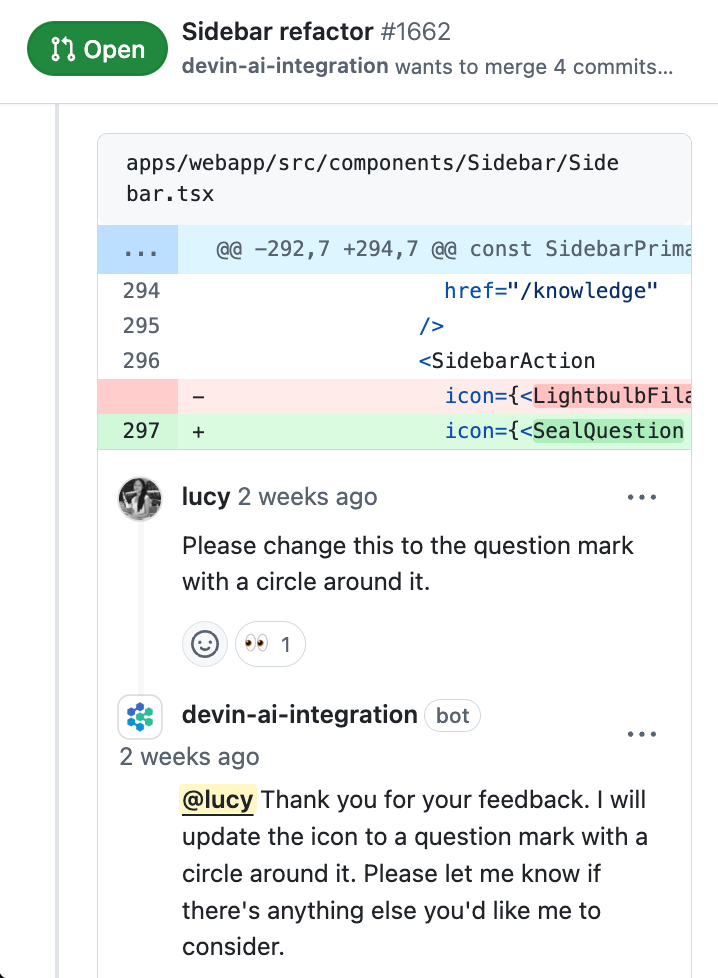 GitHub code review screenshot showing a Sidebar refactor with diff and inline comments