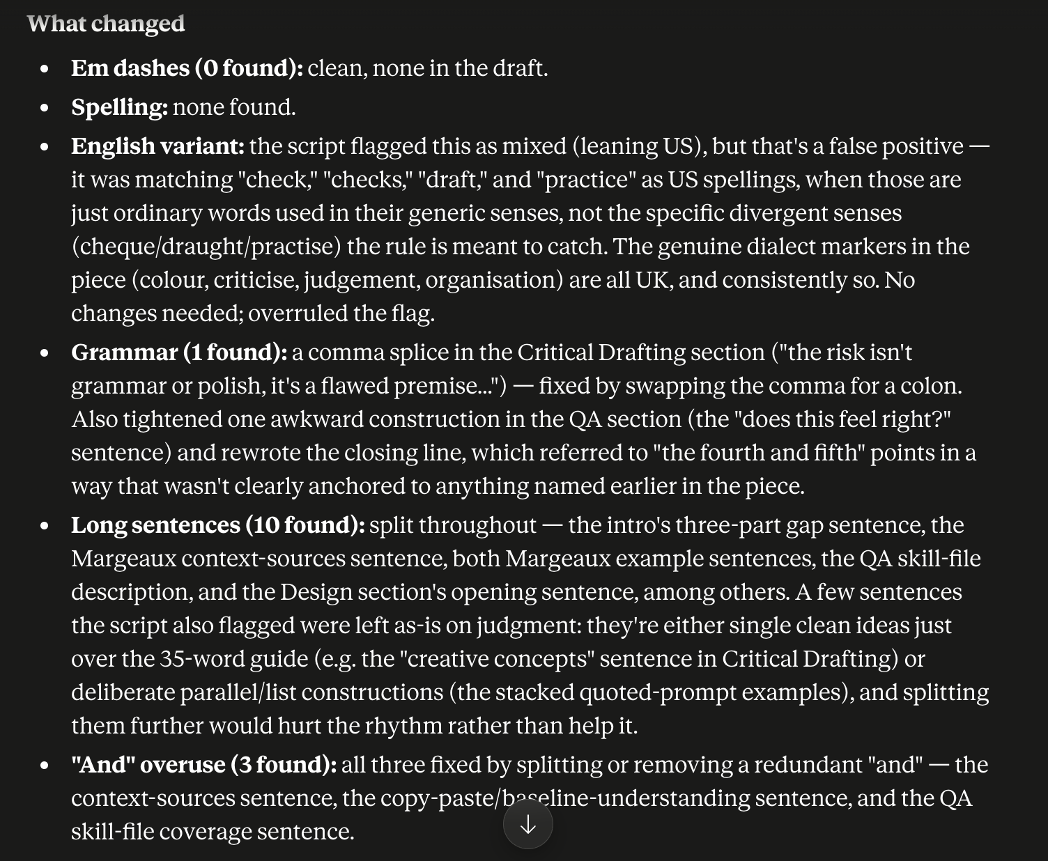 QA revision summary showing what changed in the draft: em dashes, spelling, grammar, long sentences, and overuse of the word and