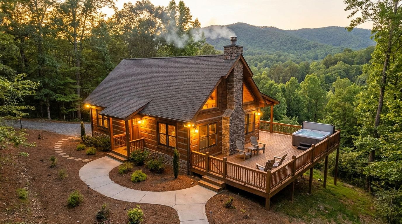 Mountain rental cabin at golden hour for STR investment guide