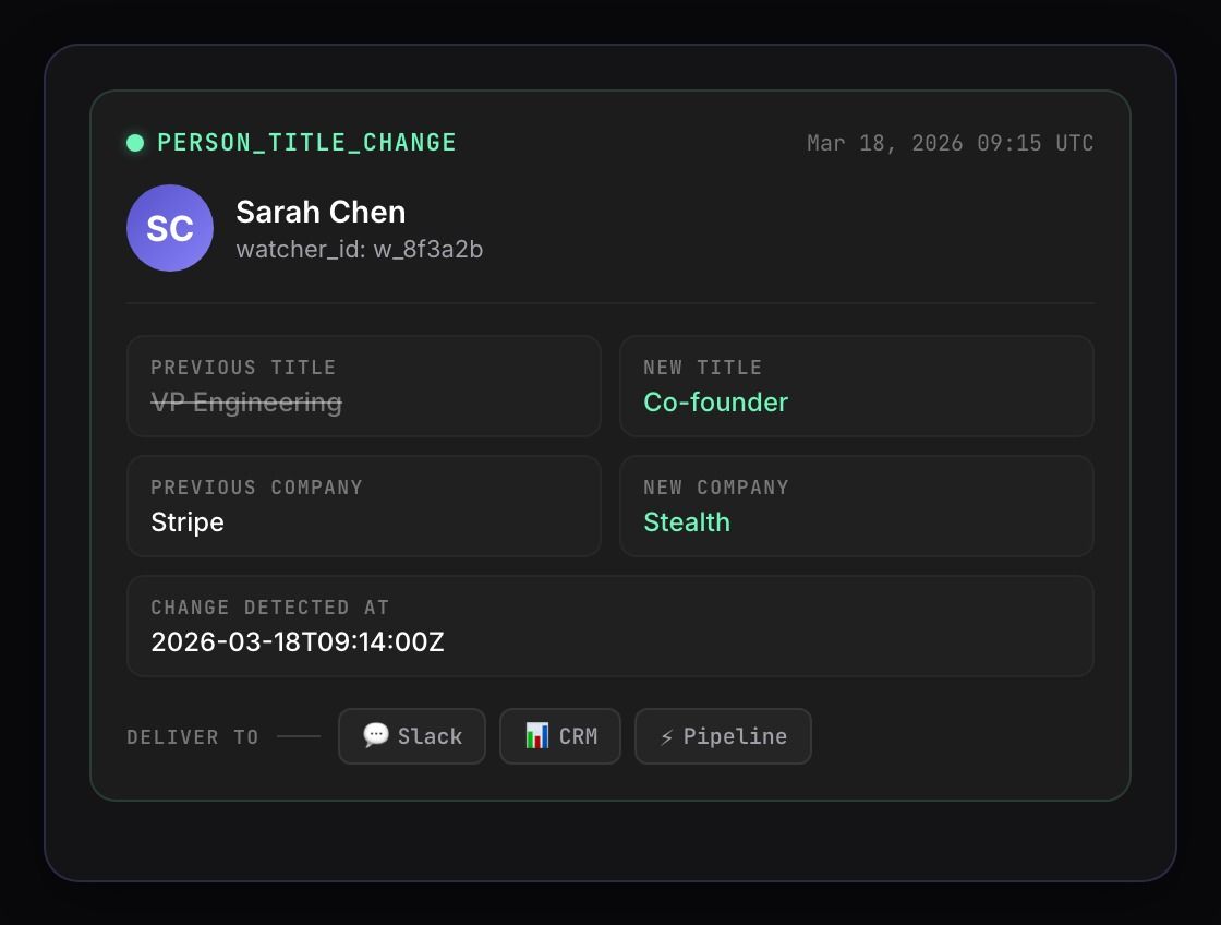 Dashboard card showing a person title change from VP Engineering at Stripe to Co-founder at Stealth