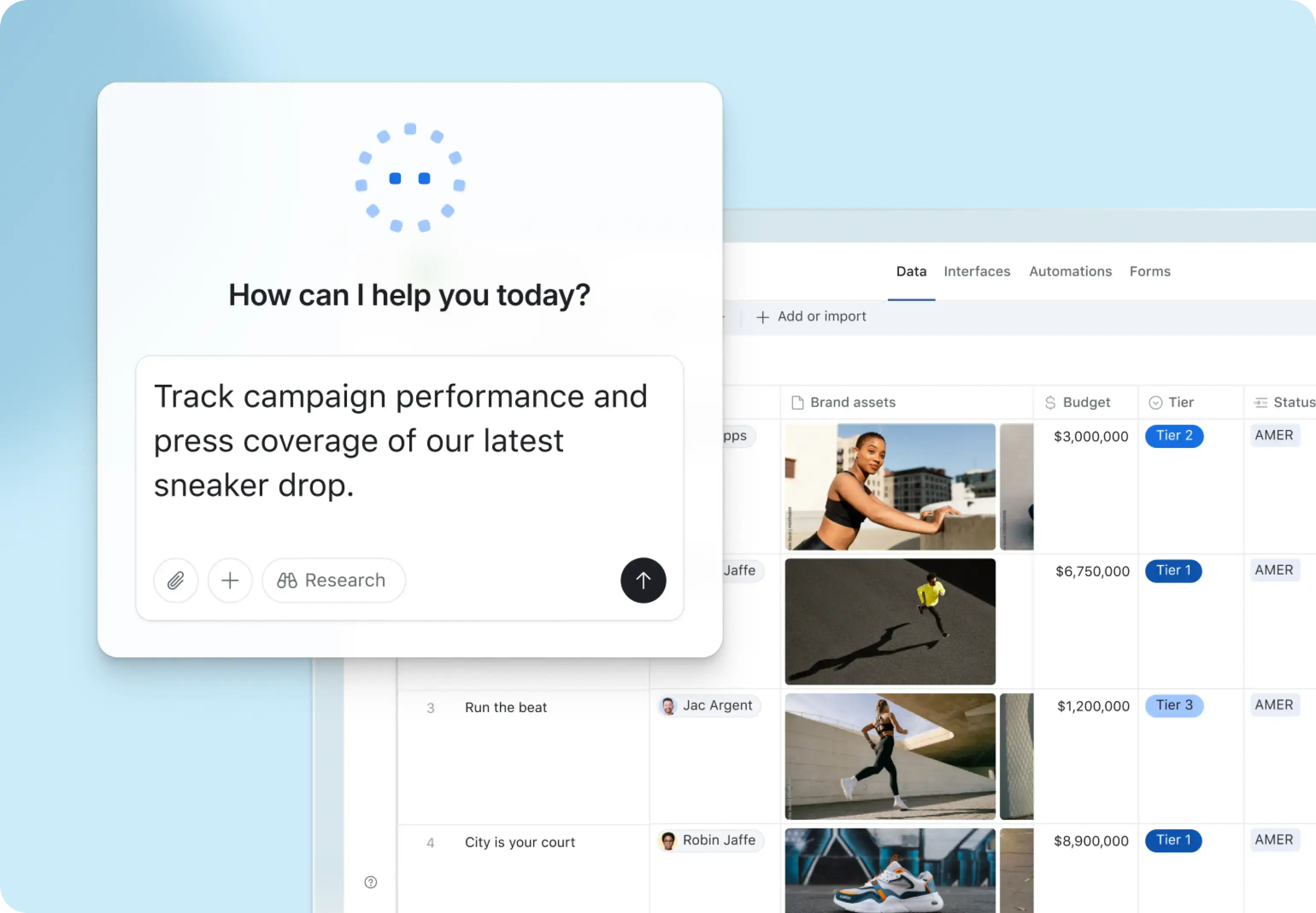 A modern UI dashboard with a chat popover and product thumbnails