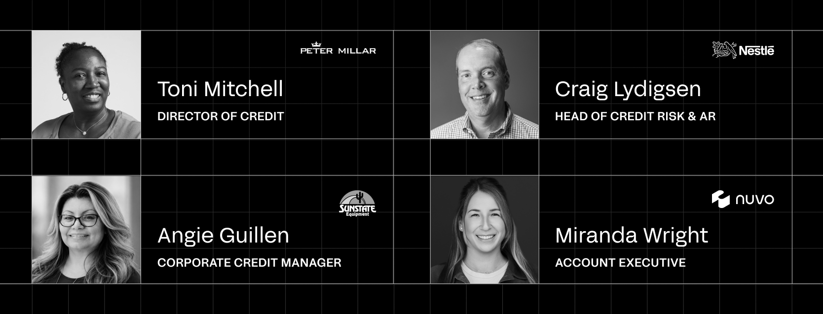 Webinar speakers: Toni Mitchell (Director of Credit, Peter Millar), Craig Lydigsen (Head of Credit Risk & AR, Nestle), Angie Guillen (Corporate Credit Manager, Sunstate Equipment), and Miranda Wright (Account Executive, Nuvo)