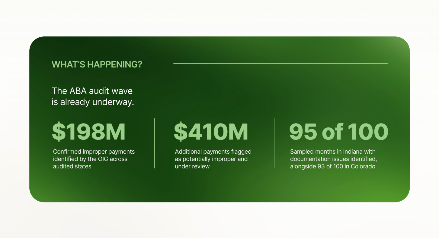 The ABA Audit Wave: $198M confirmed improper payments, $410M under review, 95 of 100 sampled months with documentation issues