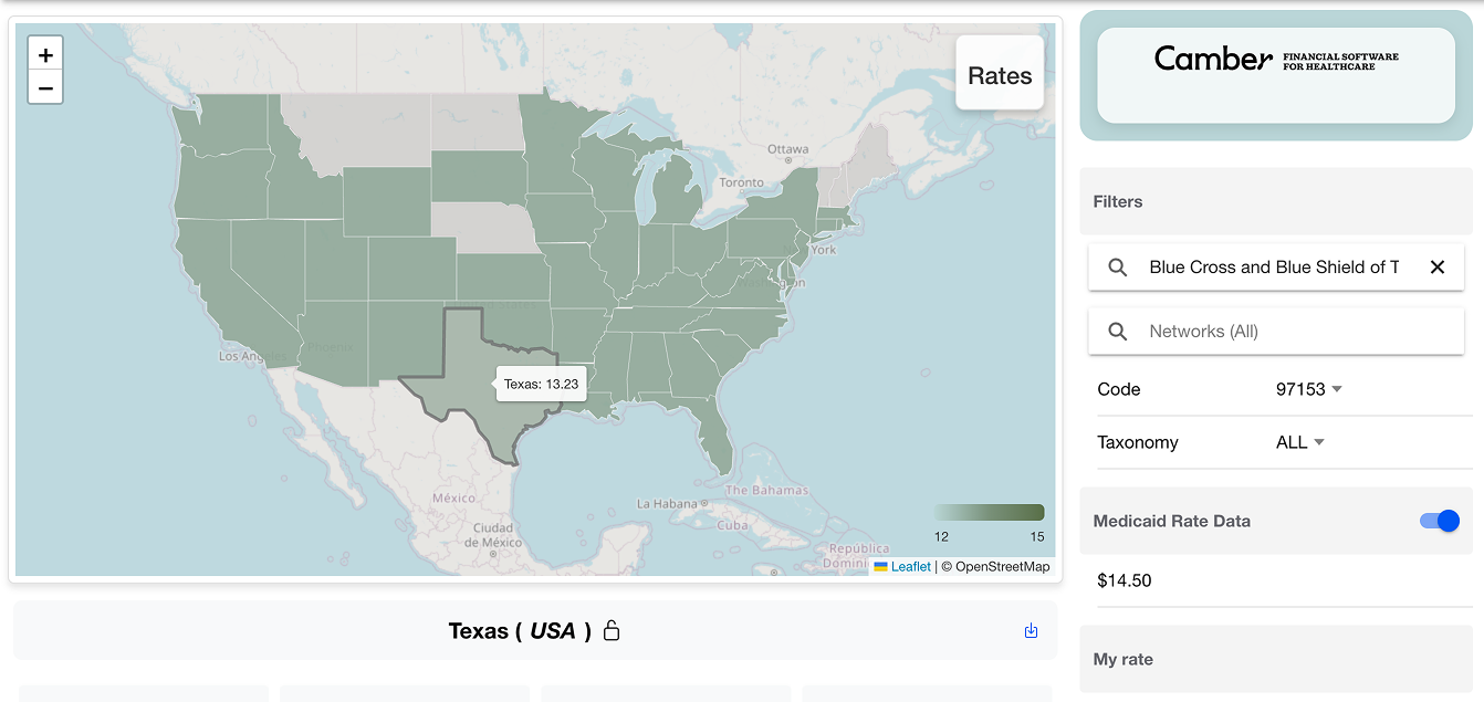 Map zoomed into Texas showing a $14.50 average rate tooltip for CPT code 97153