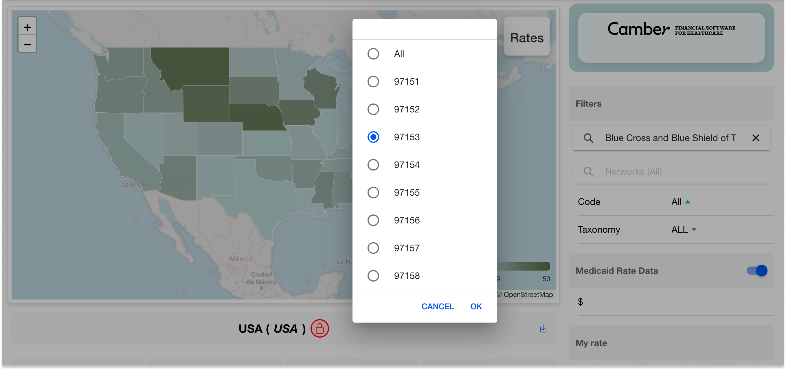 CPT code selector dropdown showing ABA codes 97151 through 97158