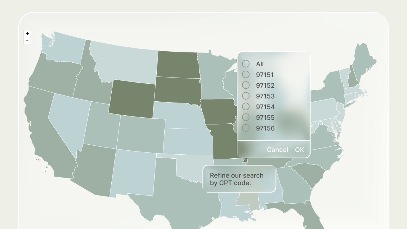 Healthcare analytics dashboard showing payer rate data by county
