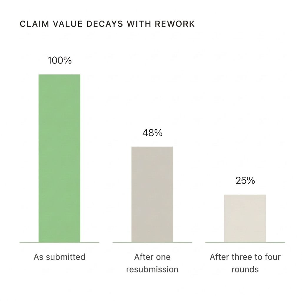 Bar chart showing claim value declining from 100% as submitted to 48% after one resubmission and 25% after three to four rounds
