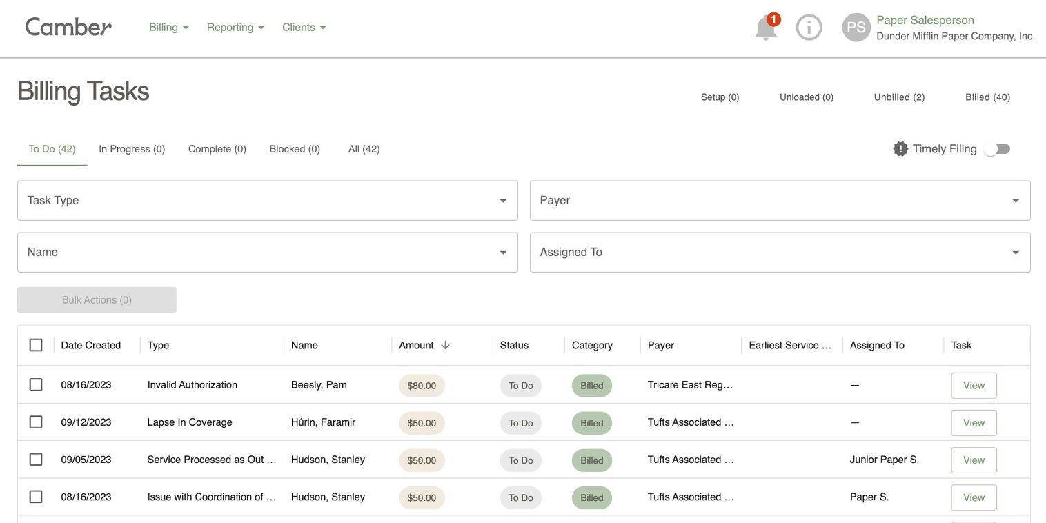 Camber's Billing Tasks view – where unsigned note alerts and other actionable tasks surface for the RCM team.