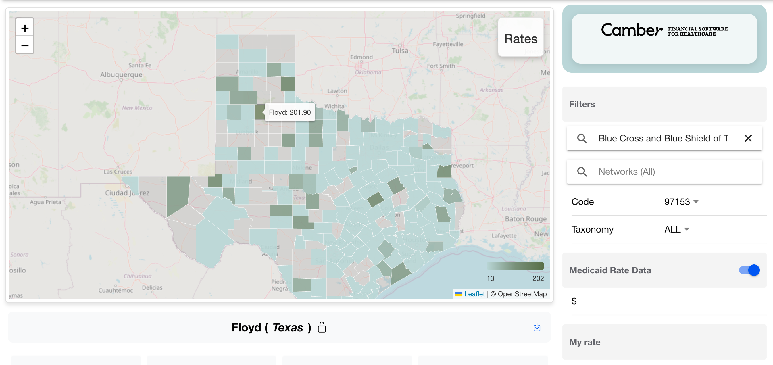 County-level map of Texas zoomed into Floyd County showing a $201.90 rate