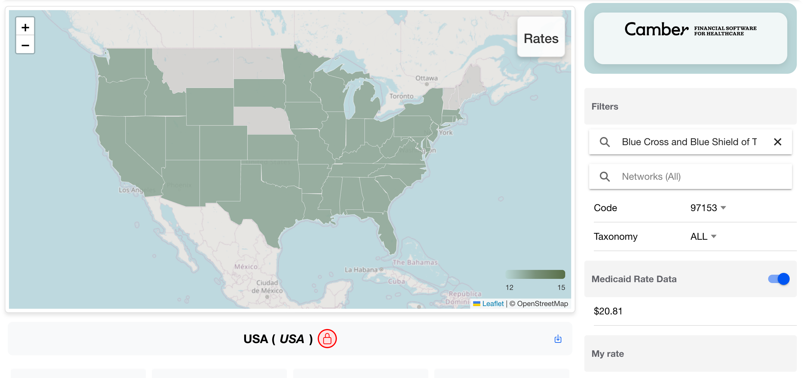 National-level payer rates map filtered to Blue Cross and Blue Shield, CPT code 97153