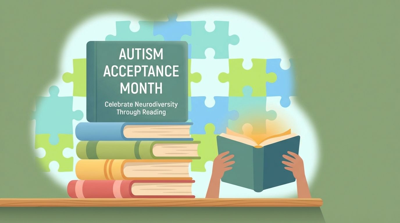Colorful book display for Autism Acceptance Month
