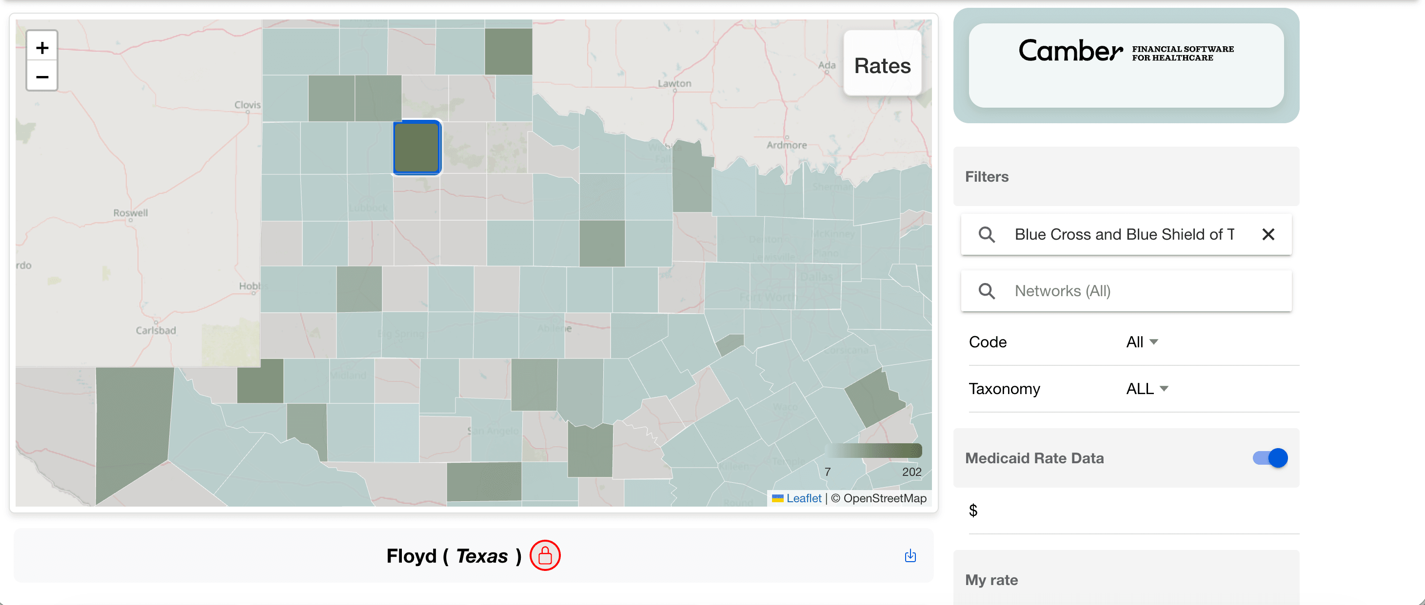 County-level heatmap of Texas with Floyd County highlighted showing a $201.90 rate