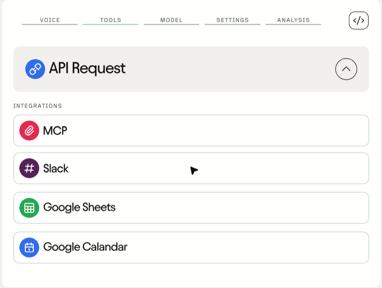 Live call tool integrations including MCP, Slack, Google Sheets and Google Calendar