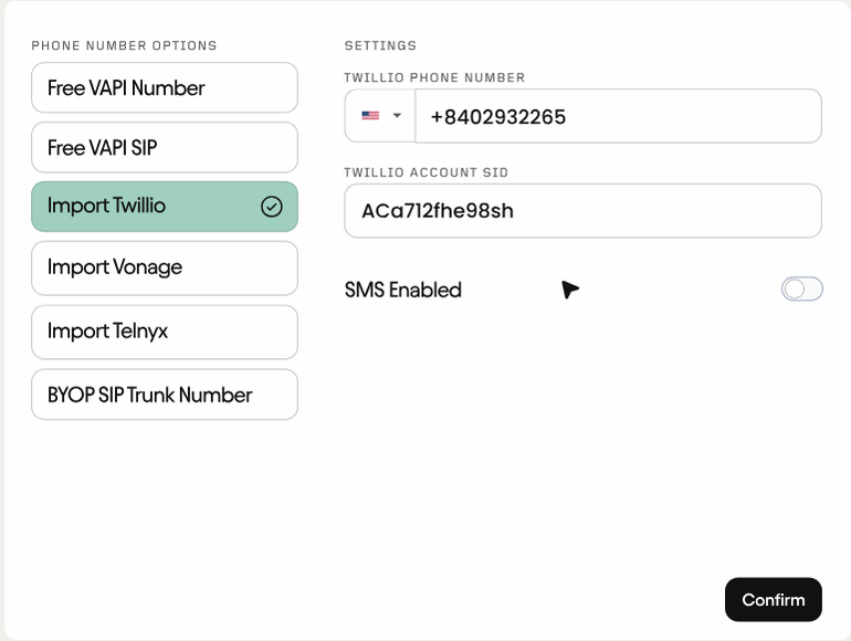 Telephony settings for phone number and SIP provider controls