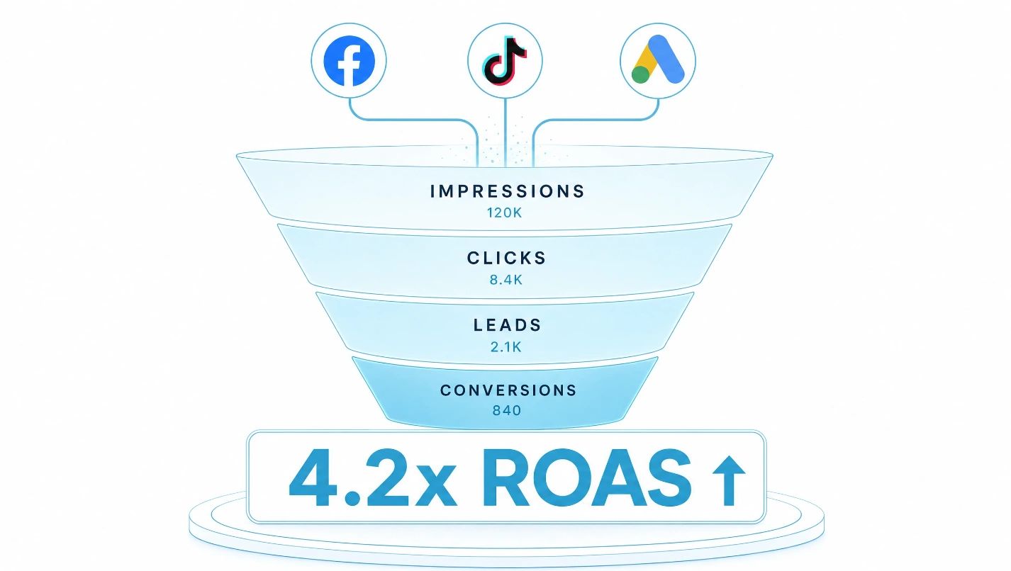 ROAS funnel showing Impressions, Clicks, Leads, and Conversions resulting in 4.2x ROAS