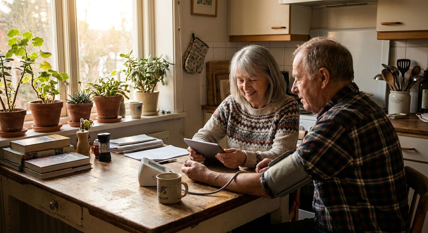 Older adults at home using a tablet beside a blood pressure cuff