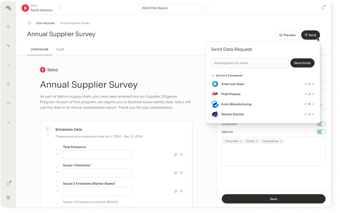 Annual Supplier Survey dashboard showing emissions data requests sent to four companies