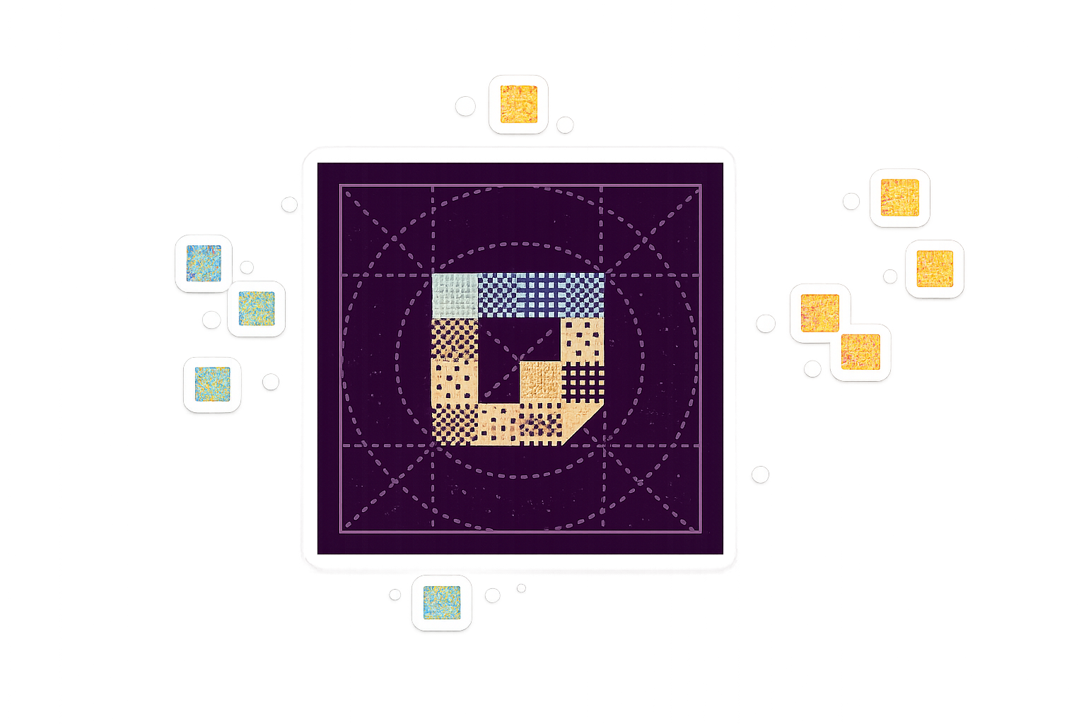 Geometric abstract art with purple frame and pixel mosaic