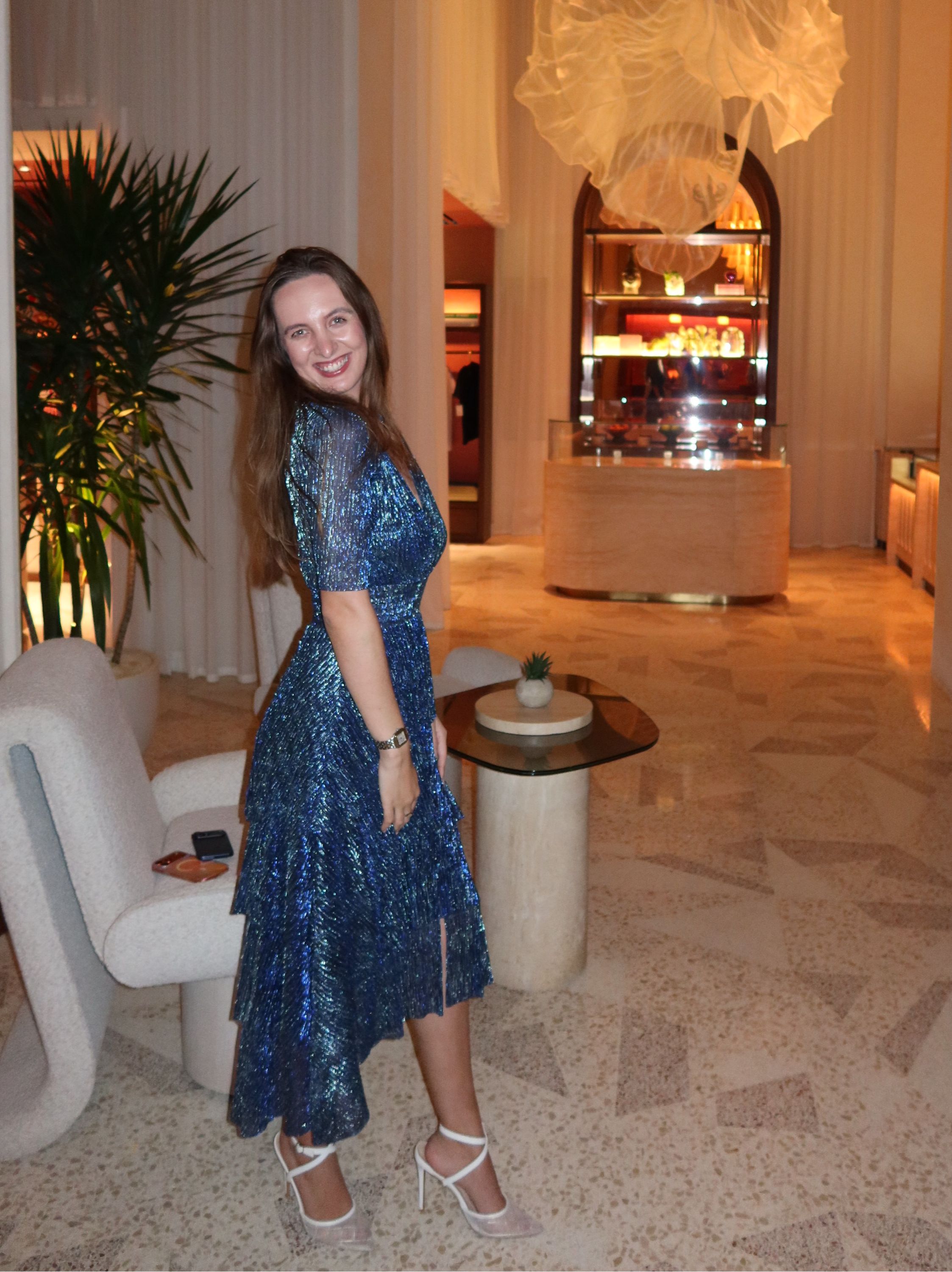 Navy Maje sequin dress with an asymmetric hem