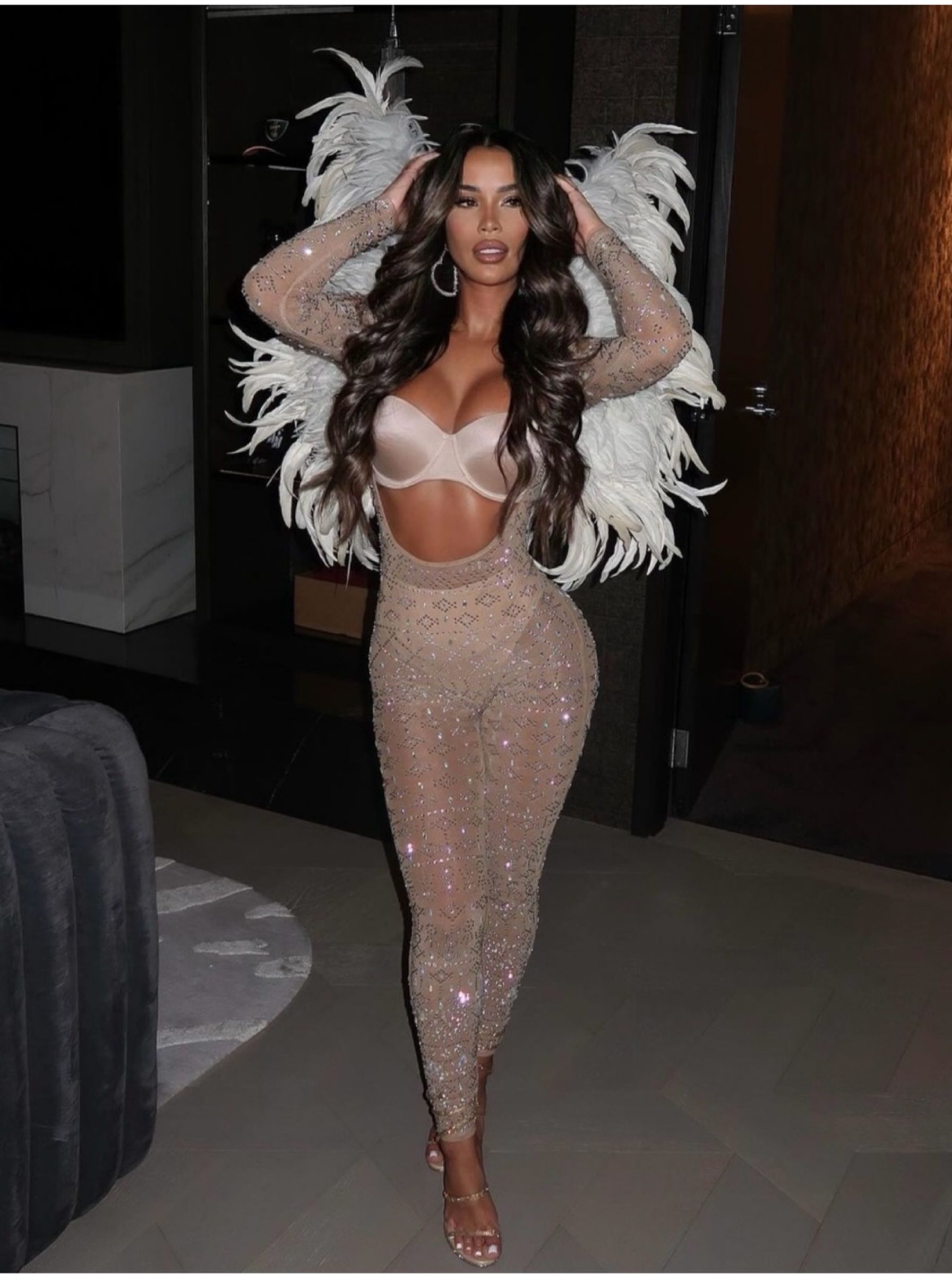 Rhinestone angel costume with white feather wings