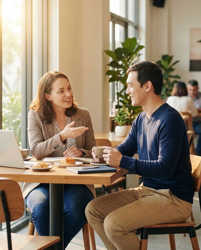 Two professionals having a casual meeting at a table