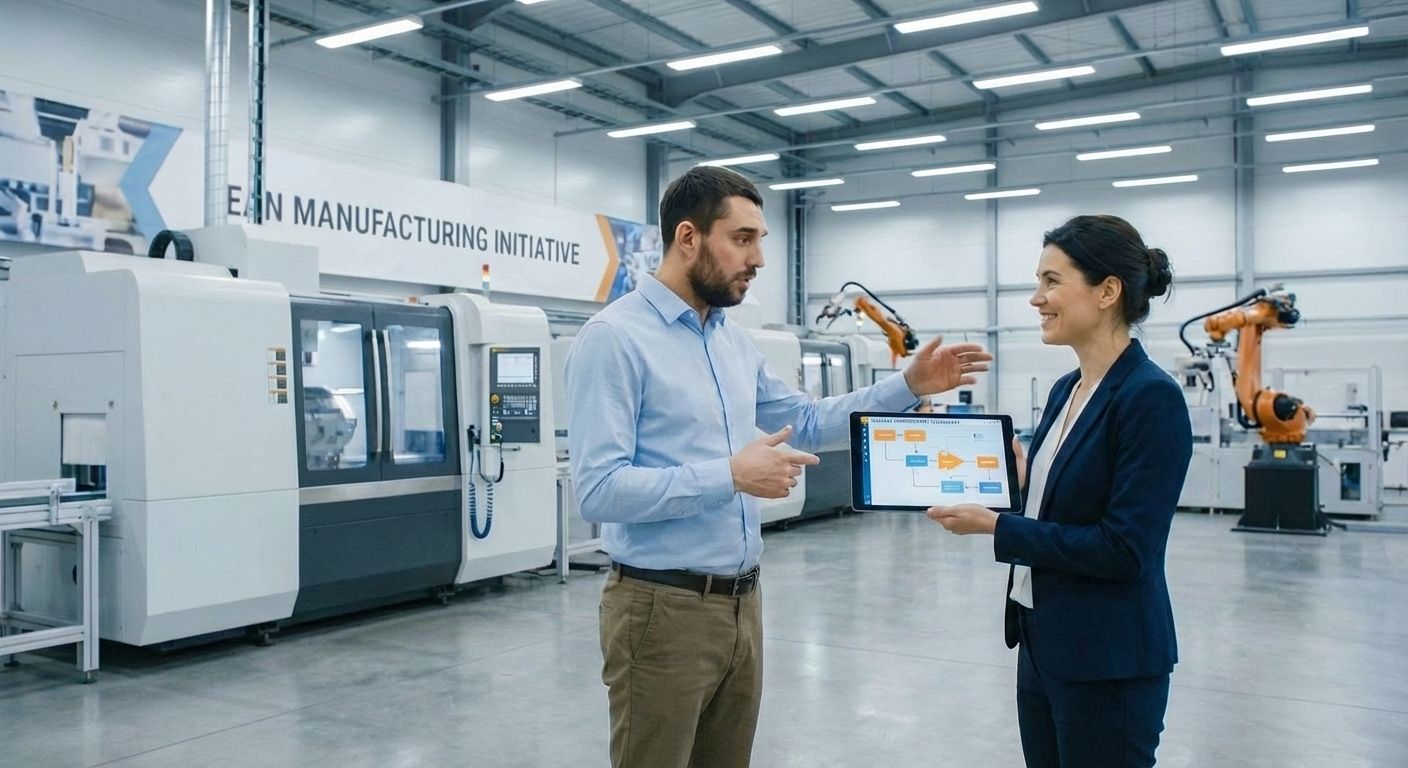 Business consultant in business casual attire and manufacturing manager reviewing process improvements on a tablet in a modern industrial facility