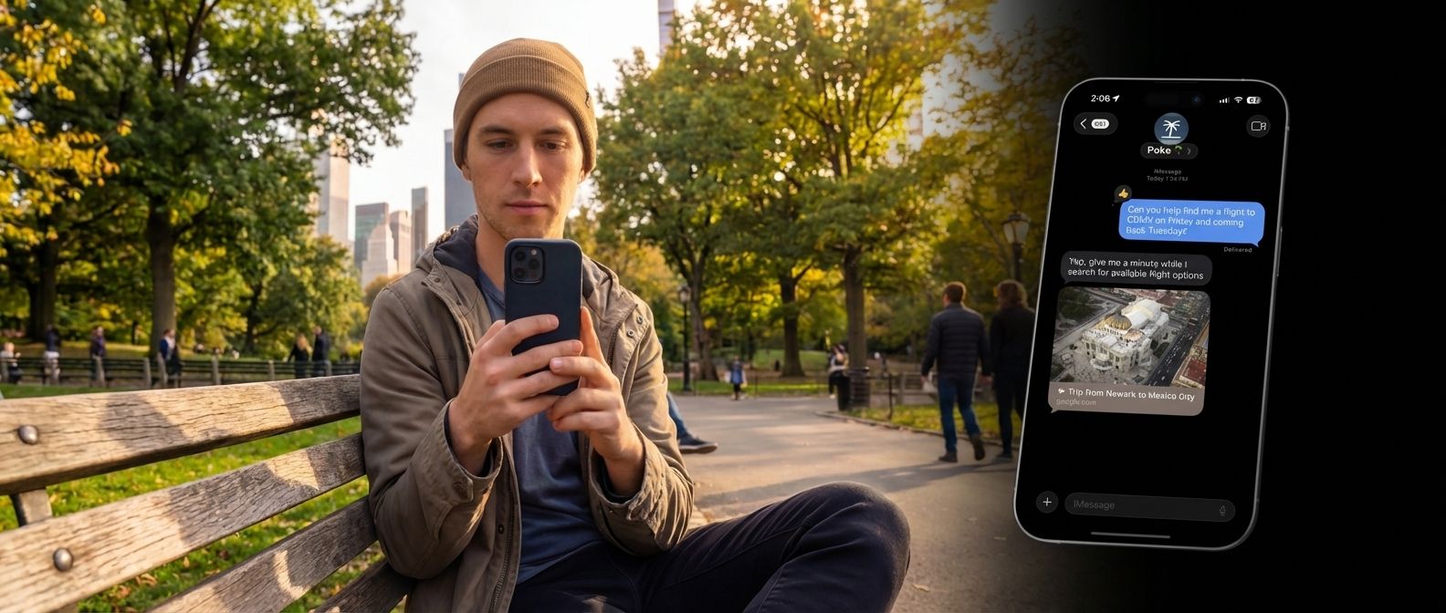 Person on a park bench in Central Park next to an iPhone showing an iMessage conversation searching for a flight to Mexico City