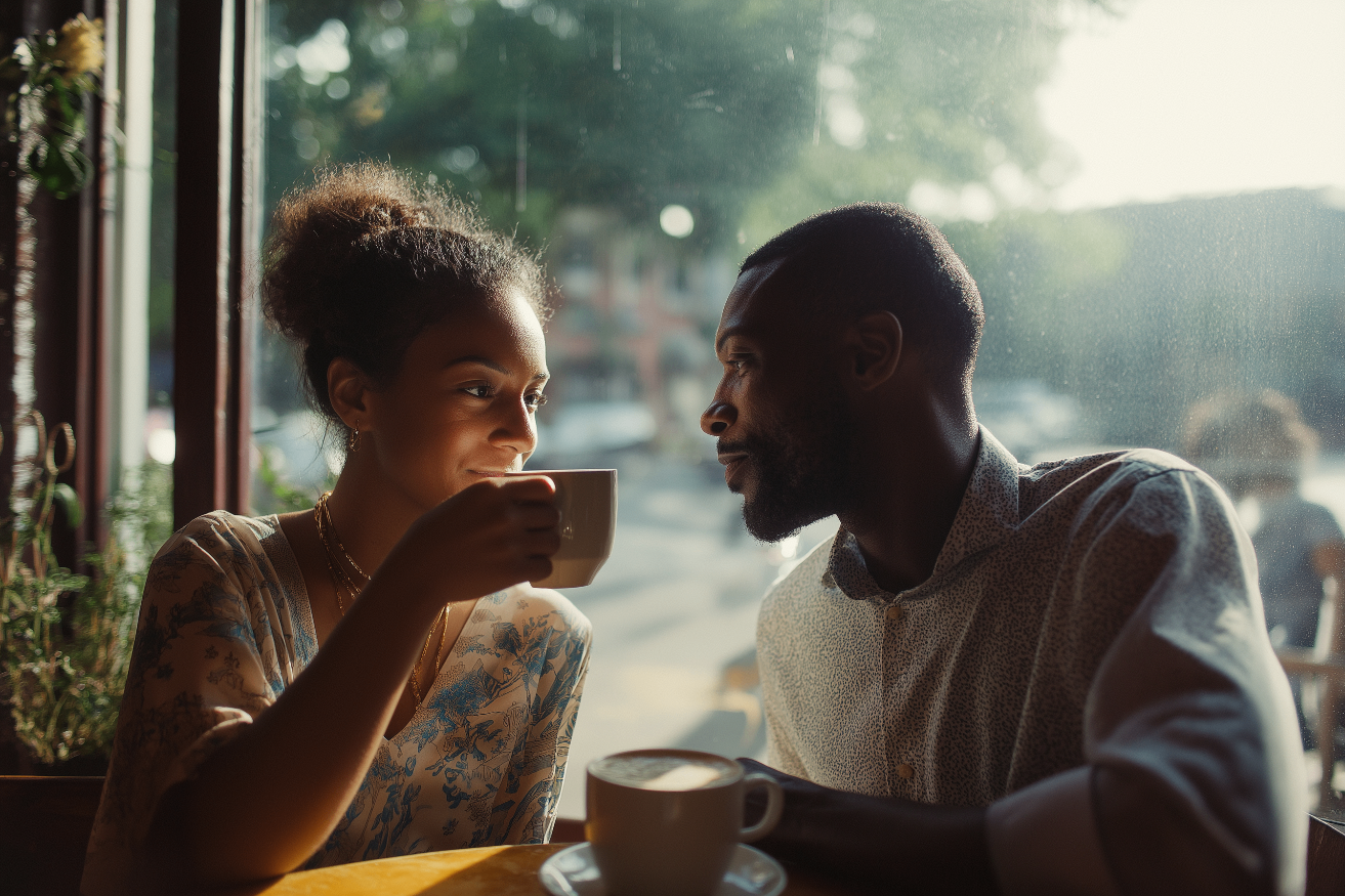 A couple sharing a warm moment at a cafe