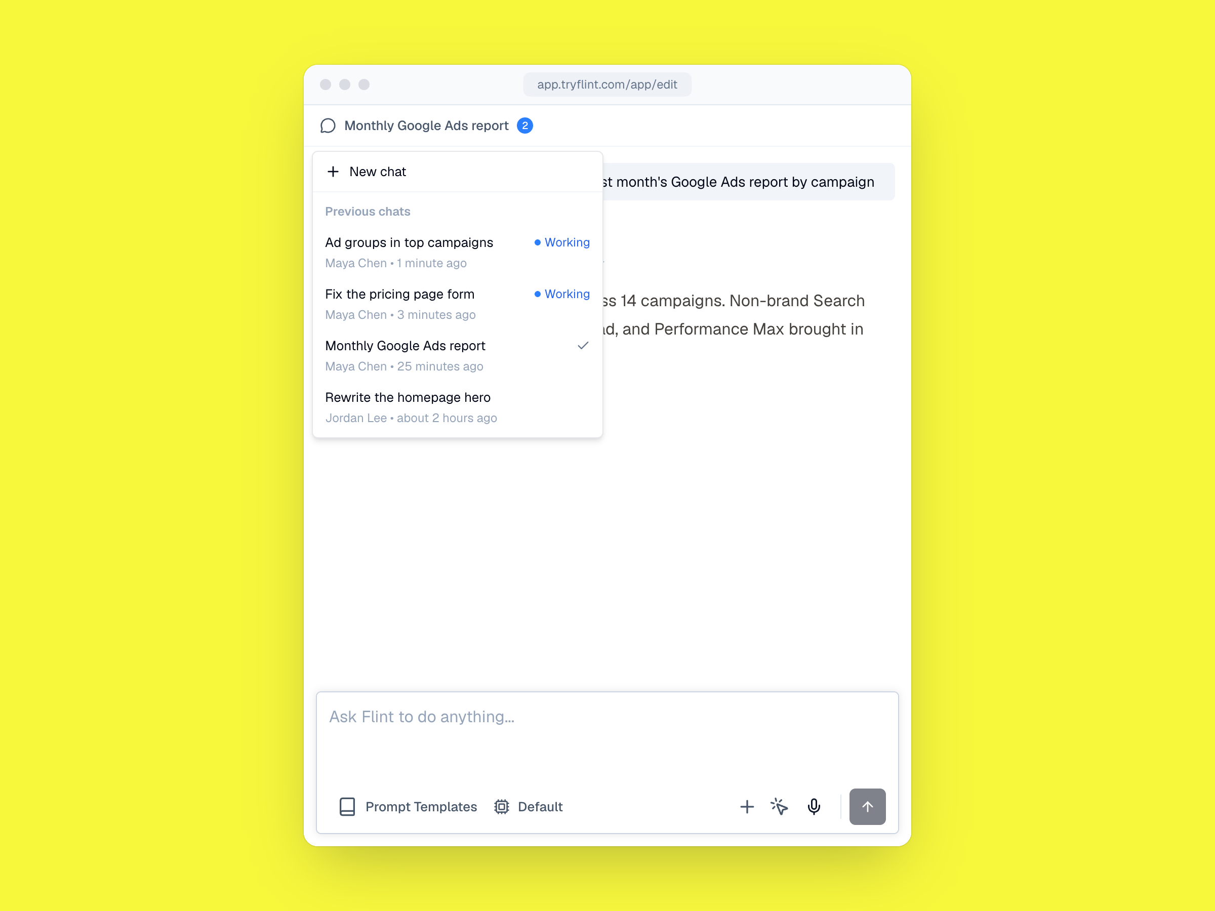 Two Flint chats running at the same time, marked Working in the New chat menu