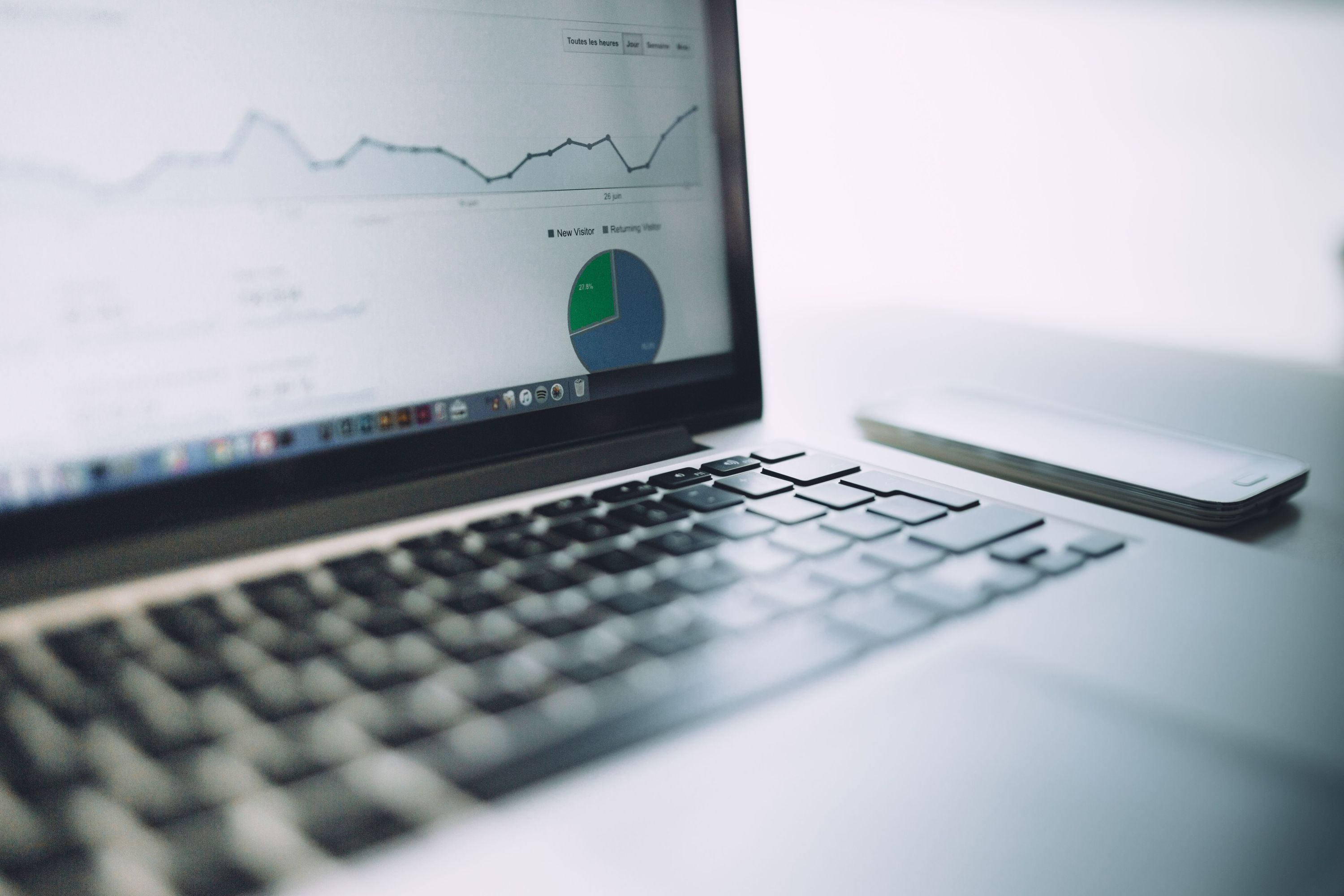 Laptop displaying analytics charts beside a smartphone on a white desk