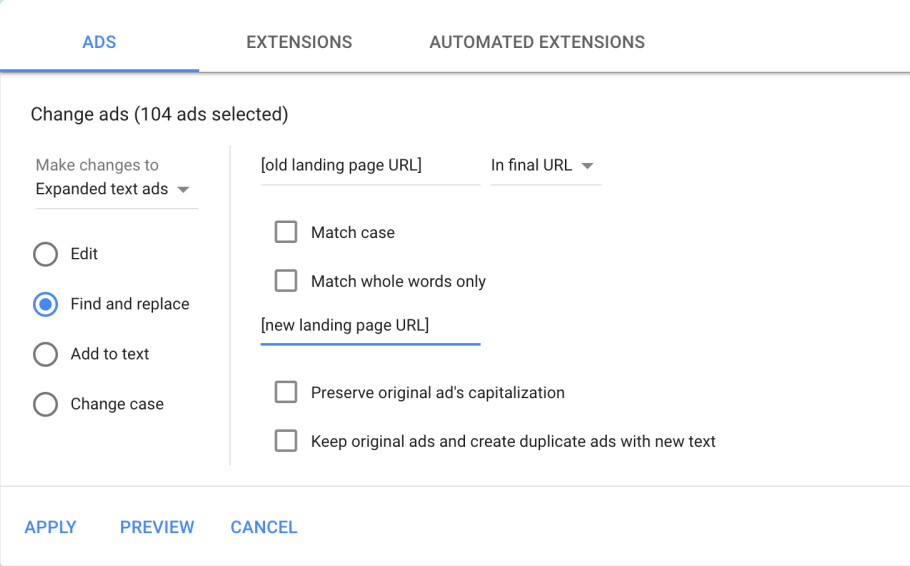 Google Ads experimentation module interface
