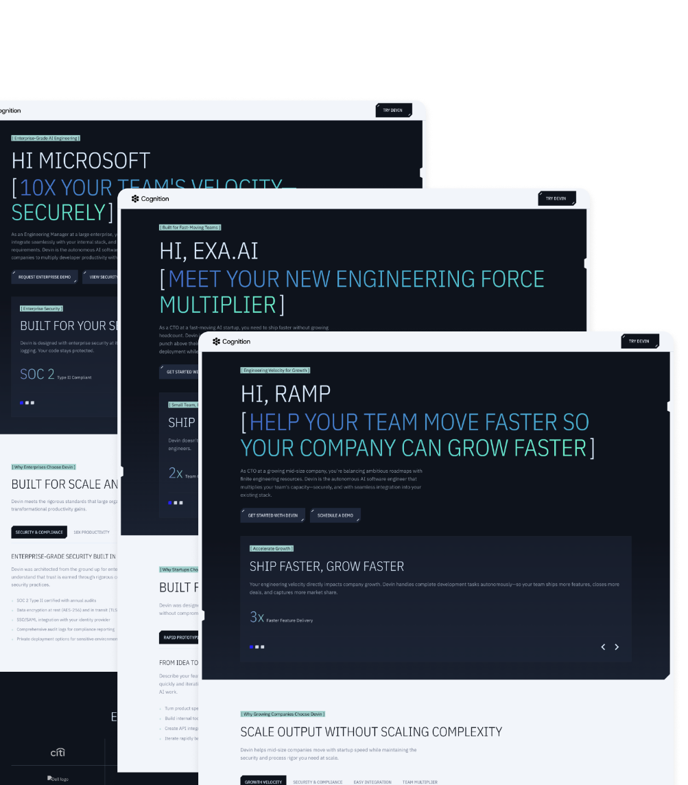 Stack of ABM landing pages with dark blue design and cyan typography