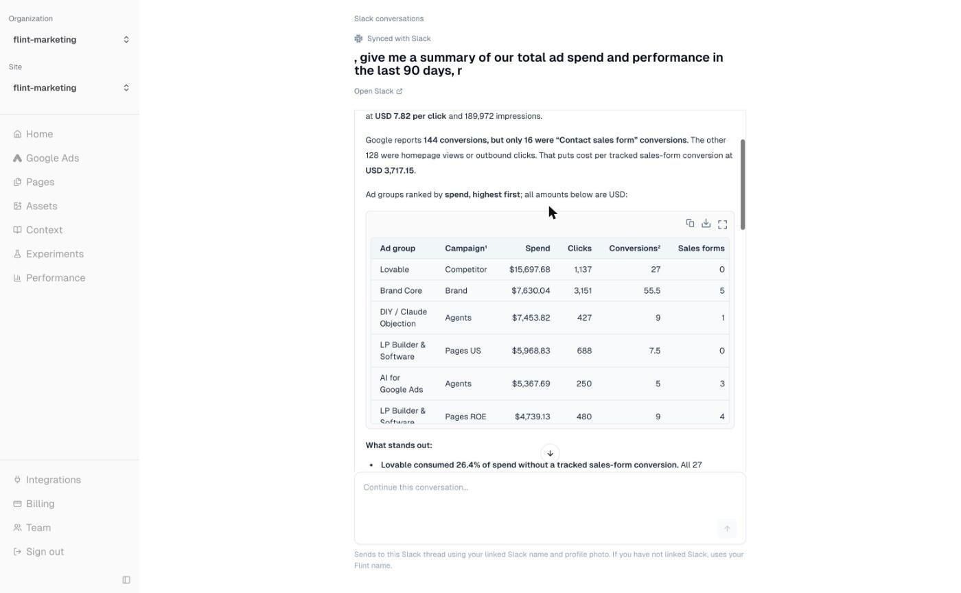 A synced Slack conversation open in Flint with Google Ads performance tables